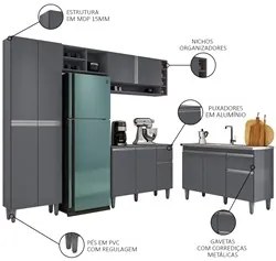 Cozinha Compacta Vanessa e Balcão Gabinete Com Pia Tatiane 120cm Cinza