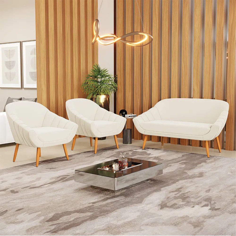 Kit 01 Namoradeira 02 Lugares e 02 Poltronas Giovana Veludo Bege Pés Palito Castanho - Indo Decorar