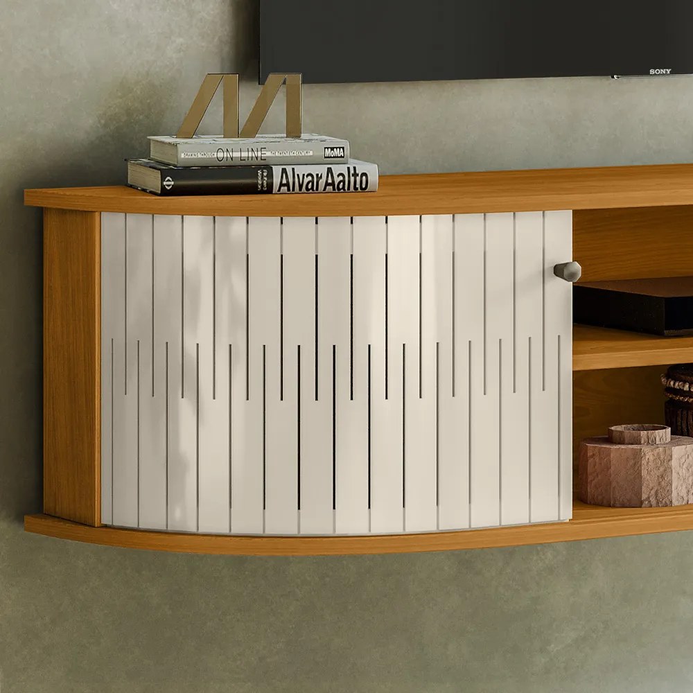 Rack TV 60 Pol 136cm Bancada Suspenso Ripado Norezi Cinamomo/Off White M20 - D'Rossi