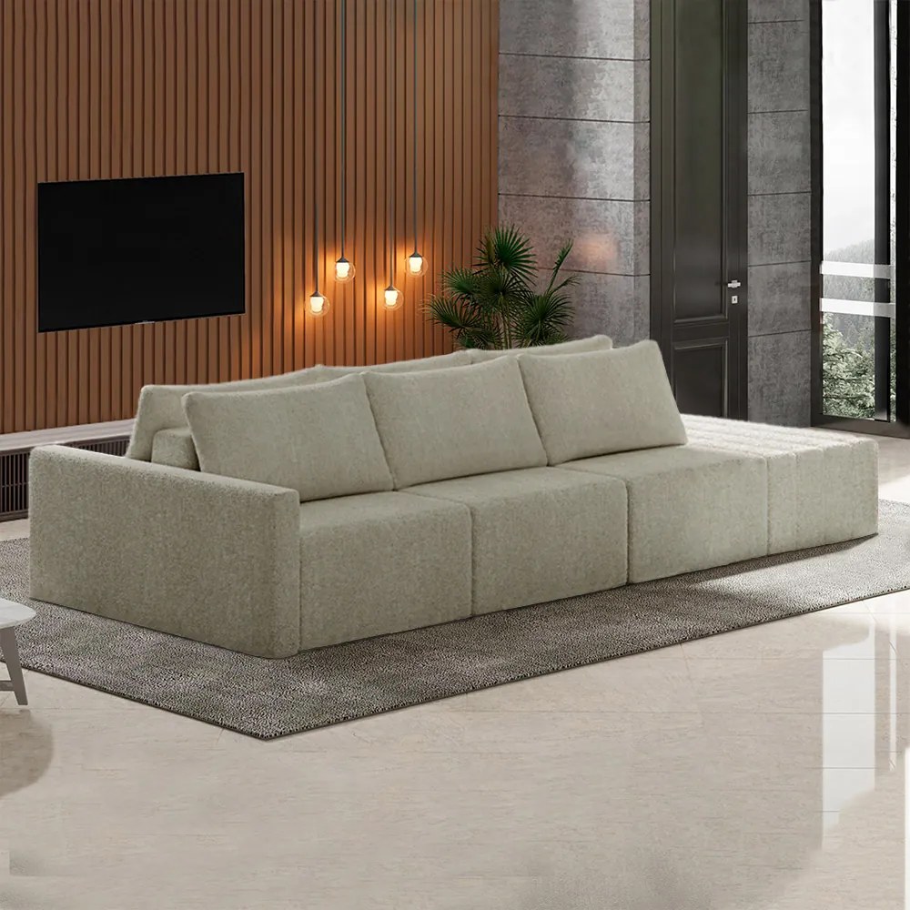 Sofá Ilha Modulado Milos 312cm Puff Lateral Bouclê Bege G33 - Gran Belo