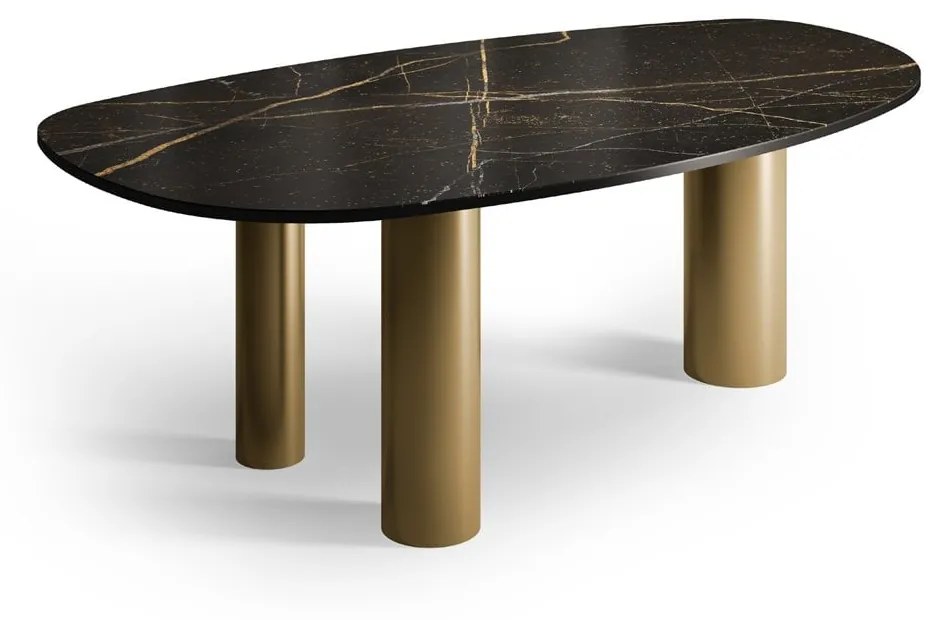 Mesa de Jantar Nyanza Tampo Orgânico em Vidro Marmorizado Bases Cilíndricas em Aço Carbono com Pintura Epóxi
