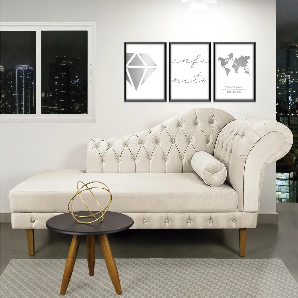 Divã Recamier Capitonê Mônaco 165 cm Suede Bege Pés Chanfrado- D'Rossi