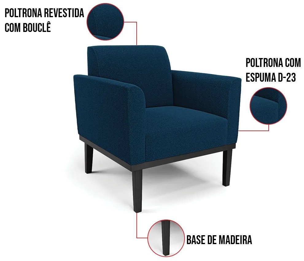 Namoradeira e 2 Poltronas Base Madeira Preto Marisa Bouclê D03 - D'Rossi - Azul