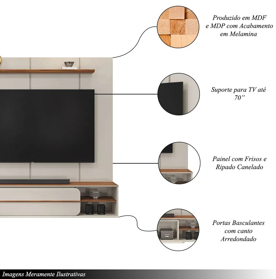 Painel Suspenso Ursula TV 70" Nichos Laterais OffWhite/Freijó G18 - Gran Belo