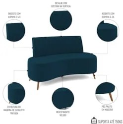 Sofá 2 Lugares para Sala Living 135cm Pés Palito Tamar Z08 Veludo Azul