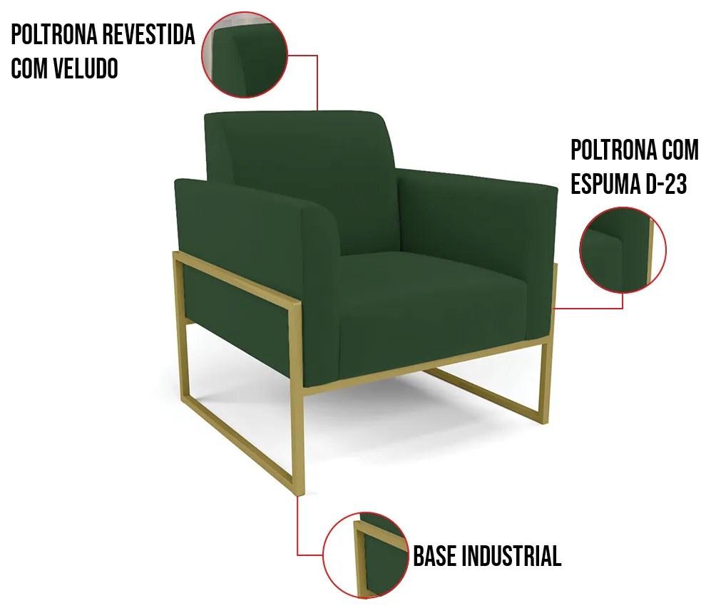 Poltrona Base Industrial Alta Dourado Marisa Veludo Verde D03 - D'Rossi