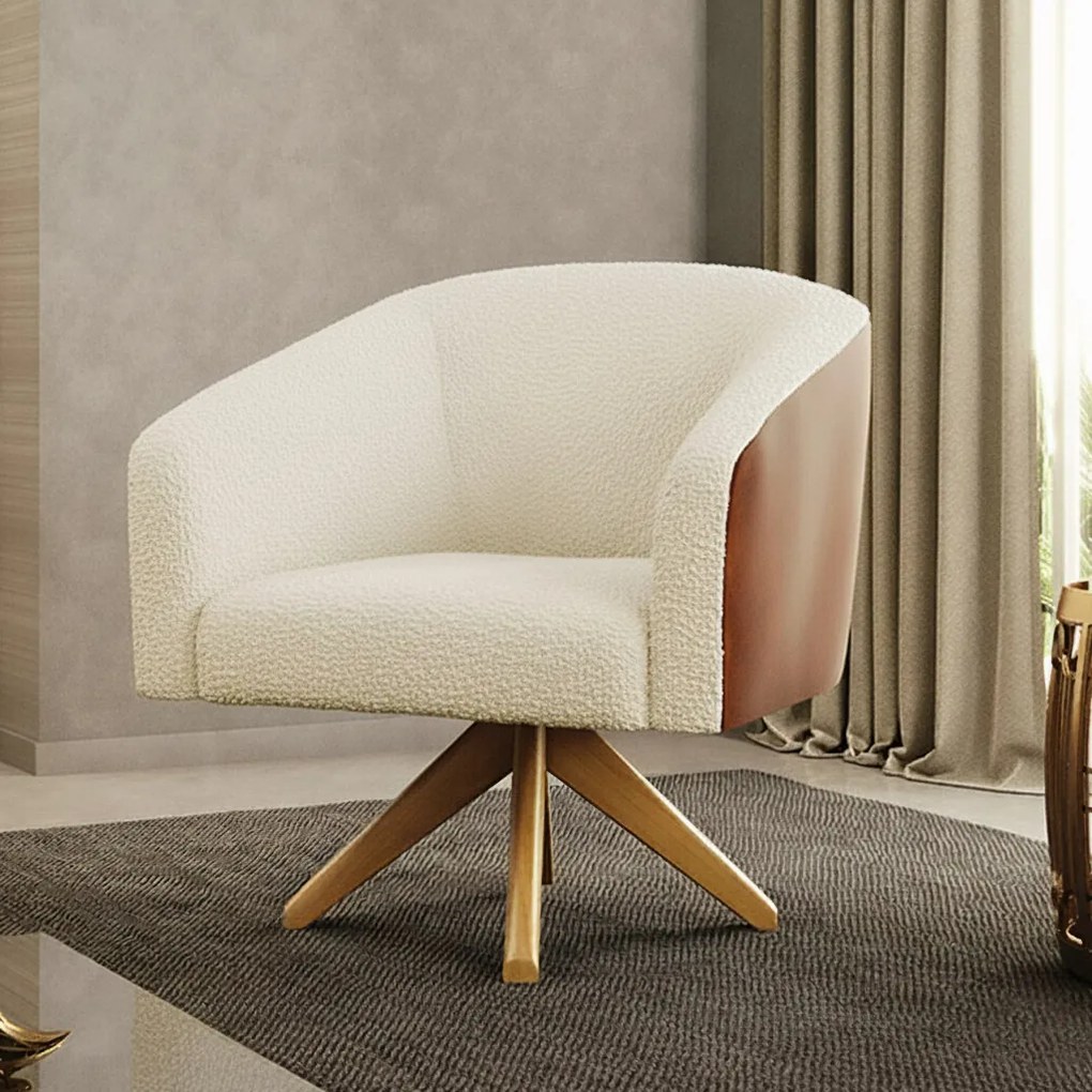 Poltrona Sala Stella Sintético PU Nozes/Bouclê Bege Base Giratória MA30 D03 - D'Rossi