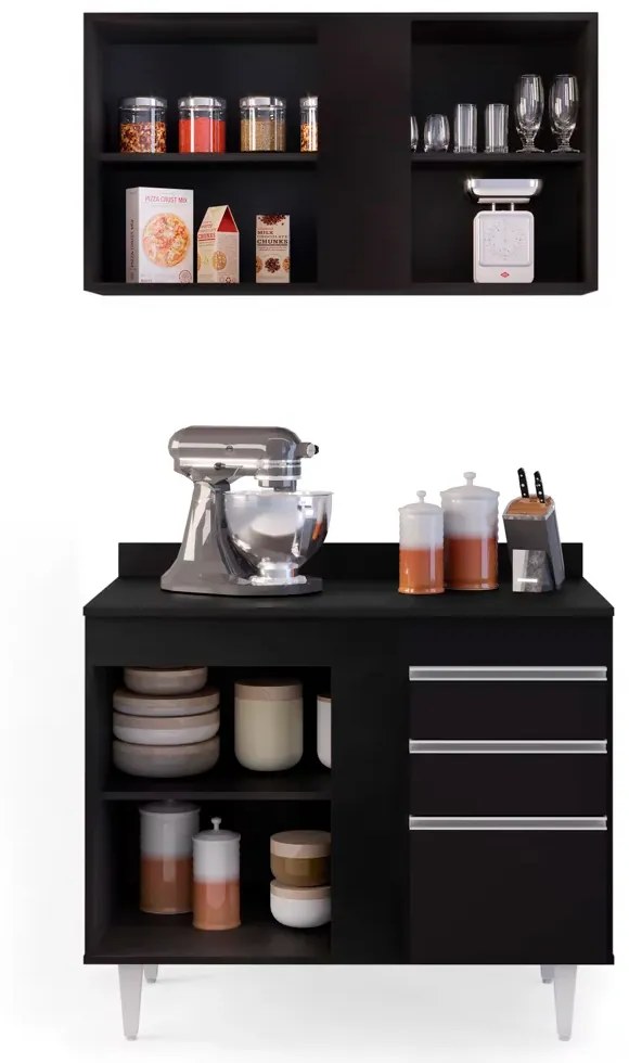 Kit Armário Aéreo e Balcão de Cozinha Lavanderia Aurora com Tampo 100 cm - D'Rossi - Preto