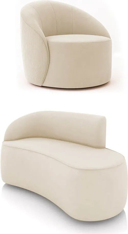 Sofá 2 Lug Orgânico140cm Morgan e Poltrona Giratória Lua Cotelê/Veludo Bege D03 - D'Rossi