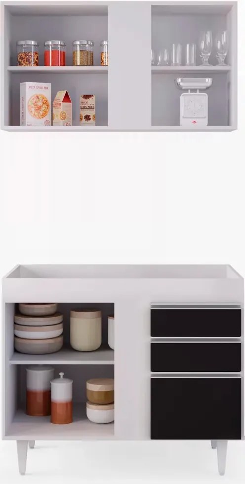 Kit Armário Aéreo e Balcão de Cozinha Lavanderia Aurora sem Tampo Branco e Preto 100 cm L06 - D'Rossi
