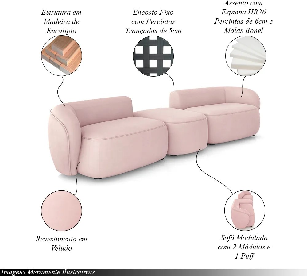 Sofá Versátil Sala de Estar Egito 362cm Modulado Veludo Rosê G52 - Gran Belo