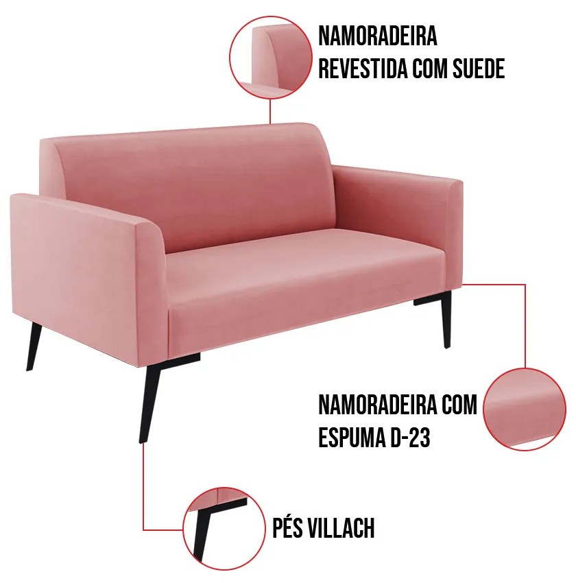 Sofá Namoradeira com Poltrona Pés Villach Marisa Suede D03 - D'Rossi - Rose