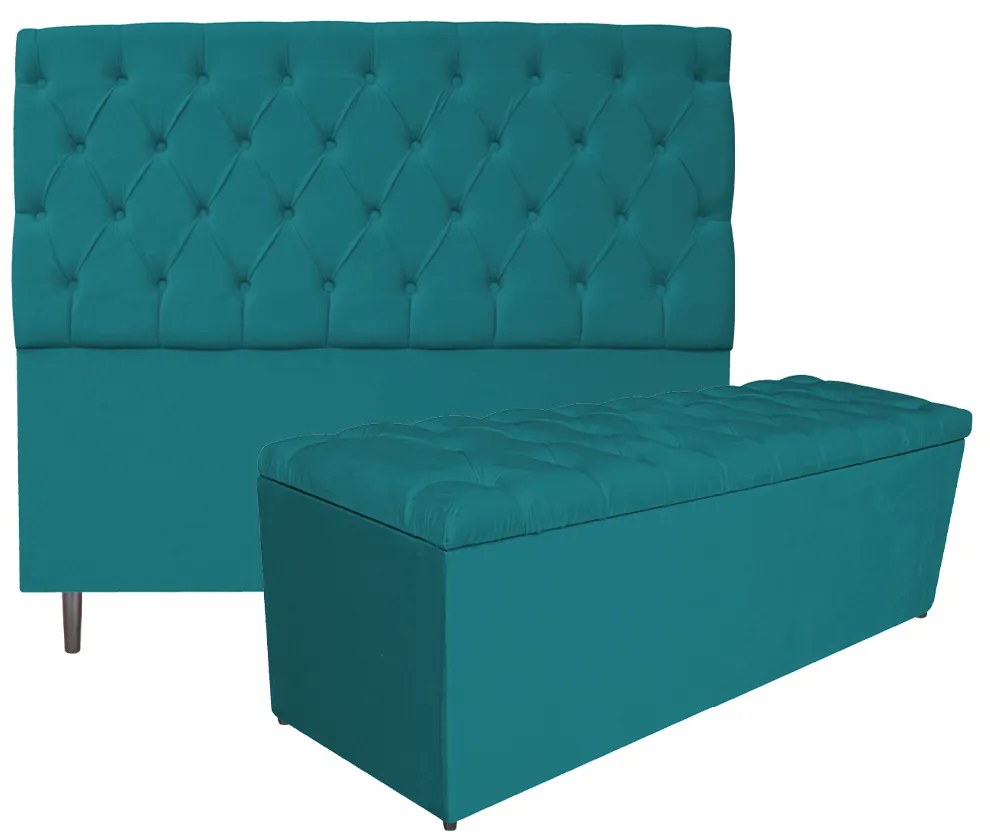 Kit Cabeceira e Calçadeira Liverpool 160 cm Queen Size Suede Azul Turquesa - ADJ Decor
