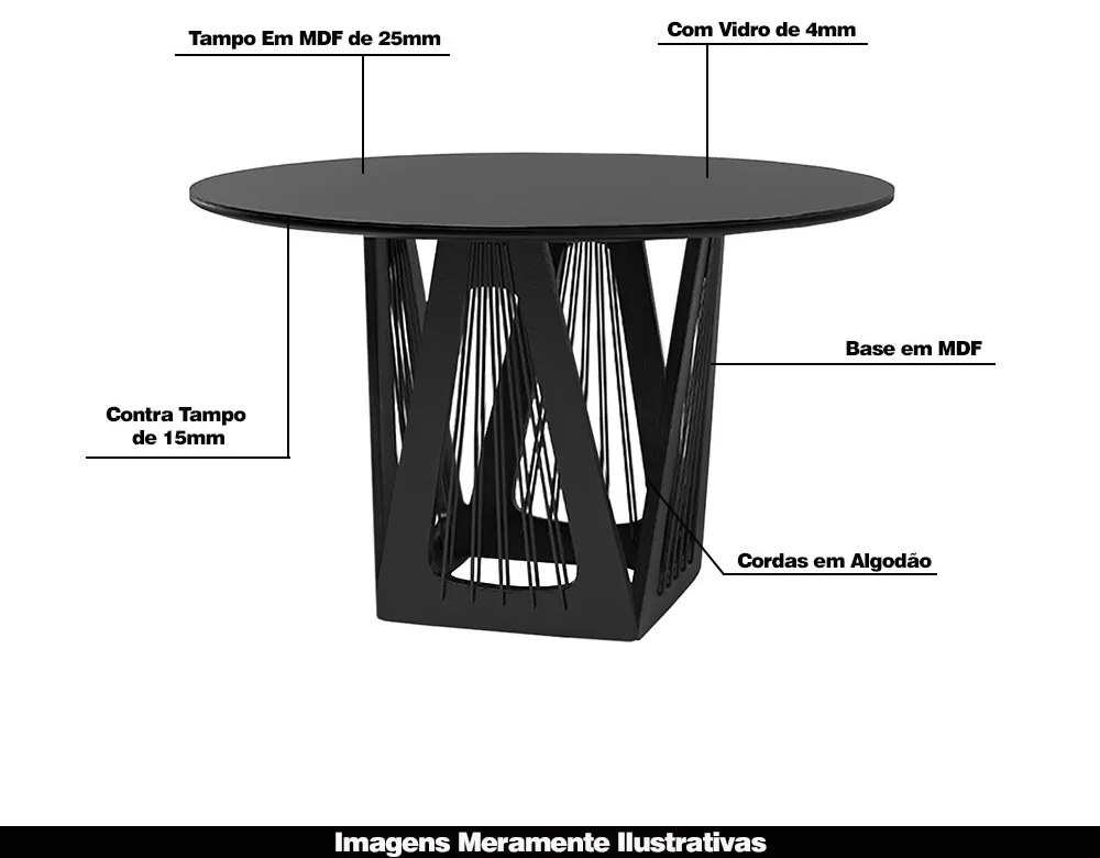 Mesa Sala de Jantar 4 Lugares 135cm Tampo Redondo de Vidro Giaguaro Preto/Ébano G13 - Gran Belo