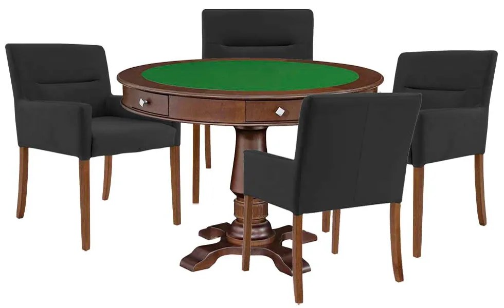 Mesa de Jogos Carteado Victoria Redonda Tampo Reversível Imbuia com Kit 4 Cadeiras Vicenza Preto Fosco G36 G15 - Gran Belo