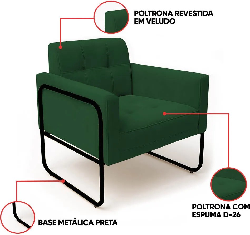 Poltrona Sala Industrial Alta Tubo Preto Kit 2 Elisa Veludo D03 - D'Rossi - Verde