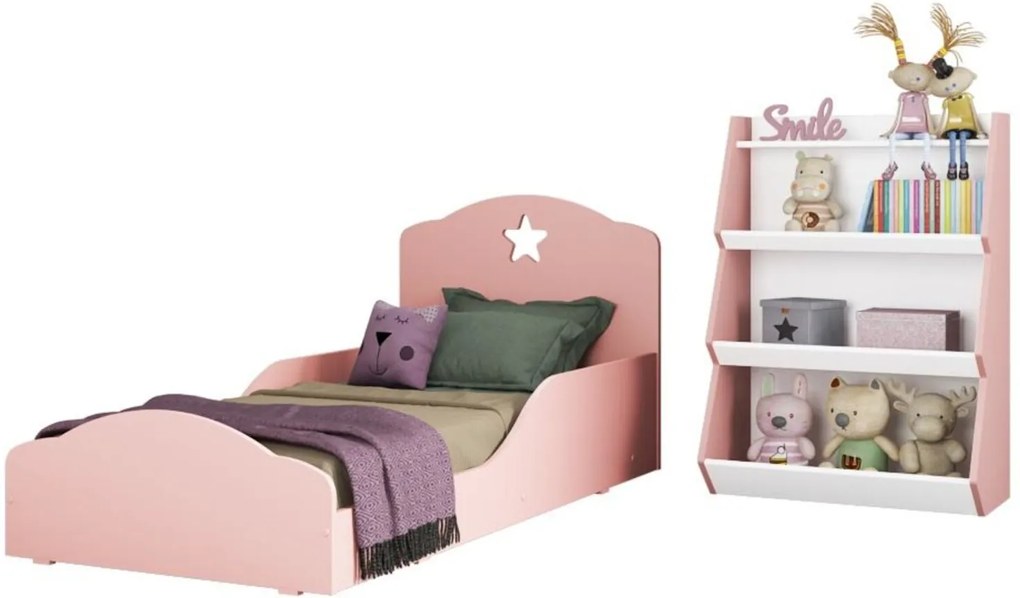 Quarto infantil com Mini Cama Montessoriana Com Colchão e Estante Zig Zag Multimóveis Rosa/Branco