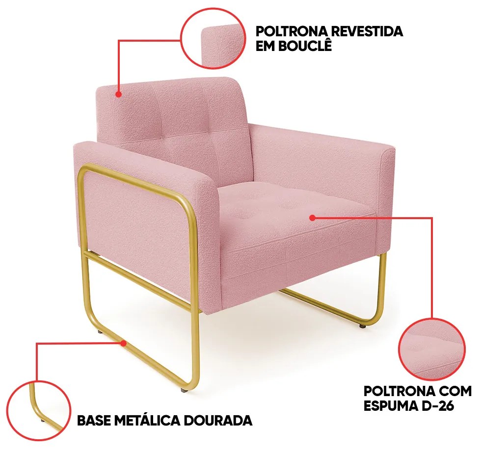 Poltrona Sala Industrial Alta Tubo Dourado Elisa Bouclê D03 - D'Rossi - Rose