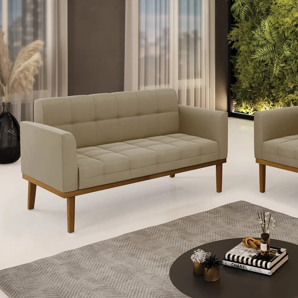 Poltrona Namoradeira Decorativa Karen Pés Fixo em Madeira Castanho Suede Nude G19 - Gran Belo