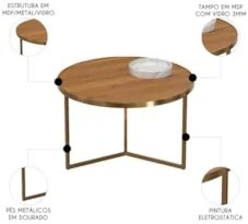 Mesa de Centro Redonda Baixa Pé Metal Thor Cinamomo/Dourado E05 - Mpoz
