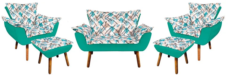 Kit 01 Namoradeira com 02 Poltronas e 02 Puffs Opala Composê Suede com Estampado Traçado Azul D33 Pés Palito Castanho - Verde Turquesa