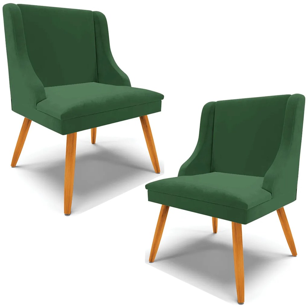 Kit 2 Poltronas Decorativas Pés Palito de Madeira Firenze Veludo Verde/Natural G19 - Gran Belo
