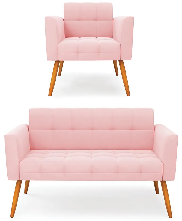 Kit 1 Sofá Namoradeira e 1 Poltrona Elisa Suede Rosa Bebê Pés Palito Castanho - D'Rossi