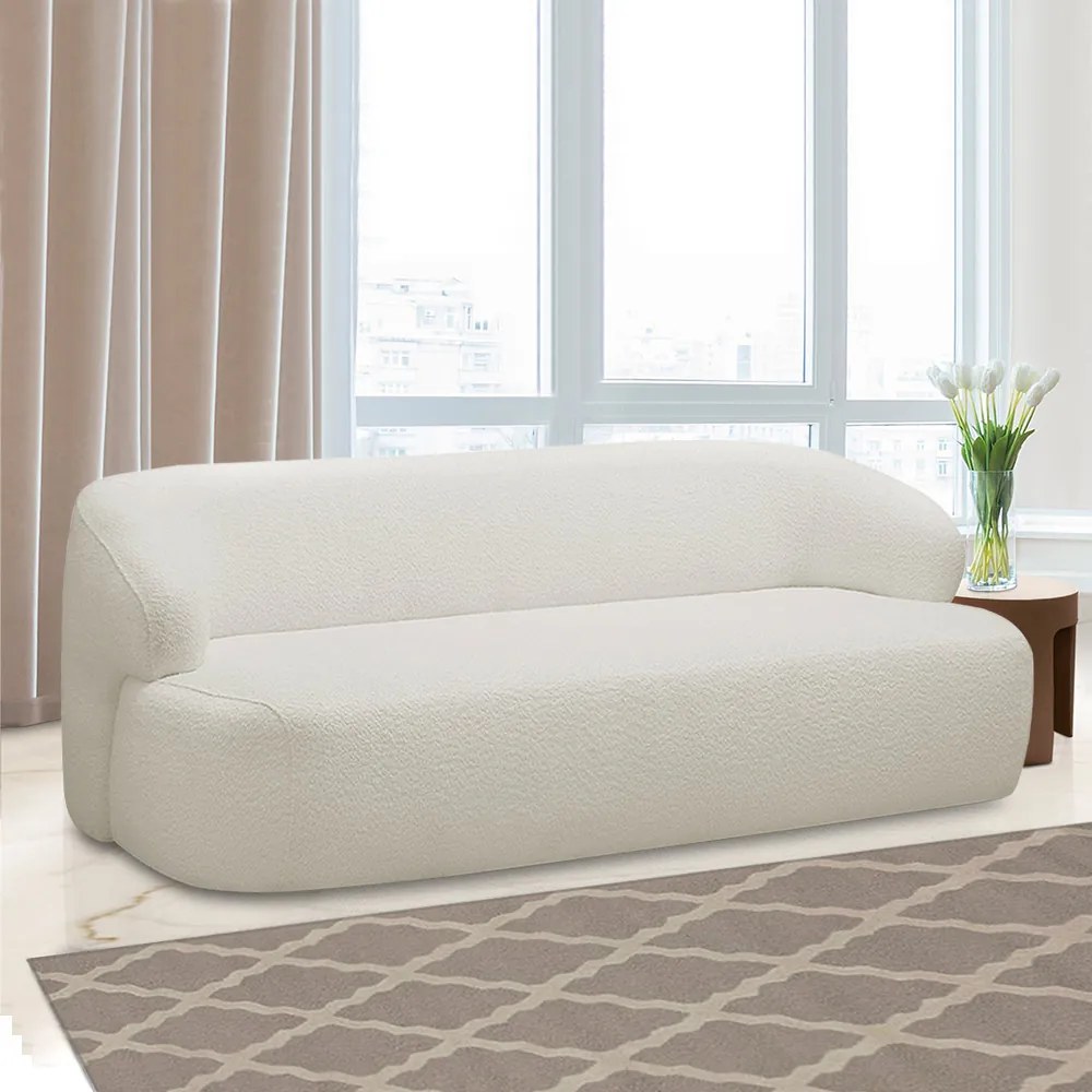Conjunto Sala de Estar Decorativo Charlote 1 Sofá 180cm 2 Lugares 1 Poltrona Base Fixa com Puff Bouclê Off White G88 - Gran Belo