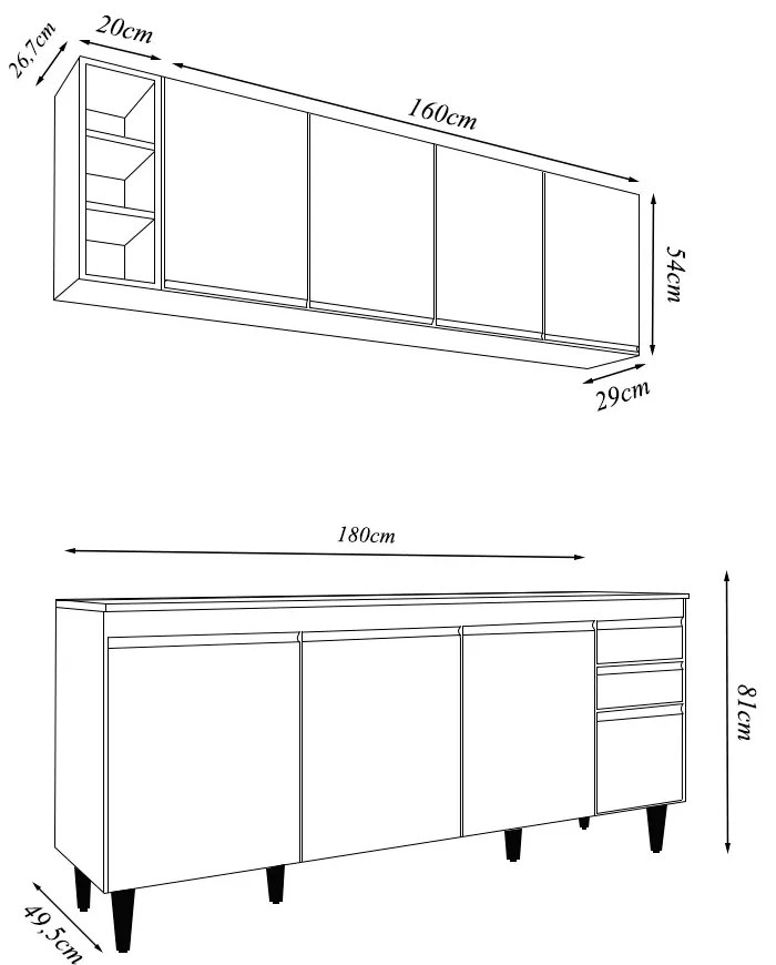 Conjunto Balcão de Cozinha para Pia Apex Armário Aéreo MDP/BP Branco G96 - Gran Belo
