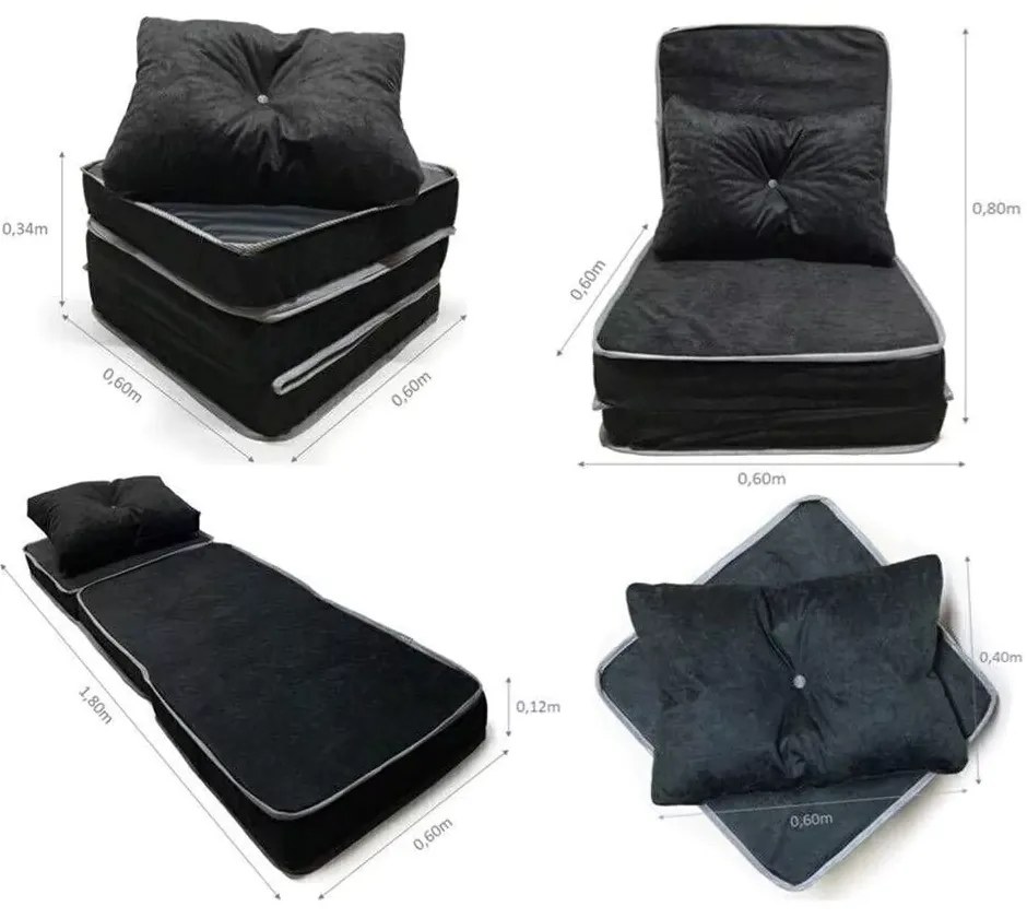 Puff Multifuncional 3 Em 1 + Travesseiro Solteiro - Suede E Corino Pre... (Roxo)
