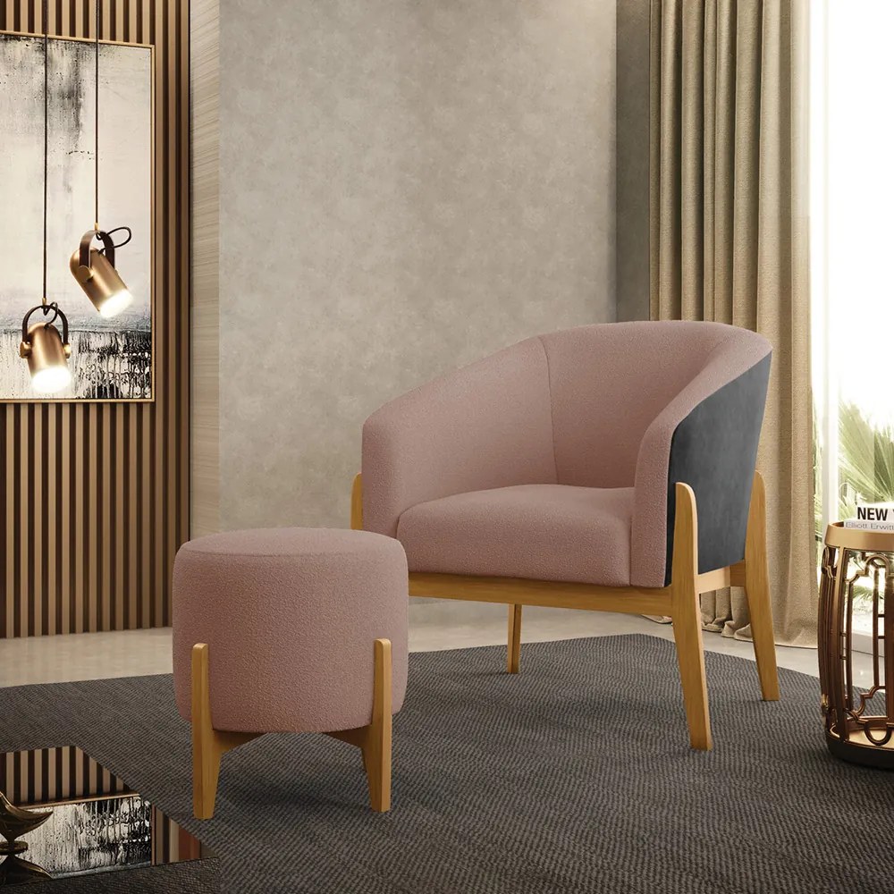 Poltrona e Puff Decorativo Base Madeira Stella PU Preto/Bouclê D03 - D'Rossi - Rose