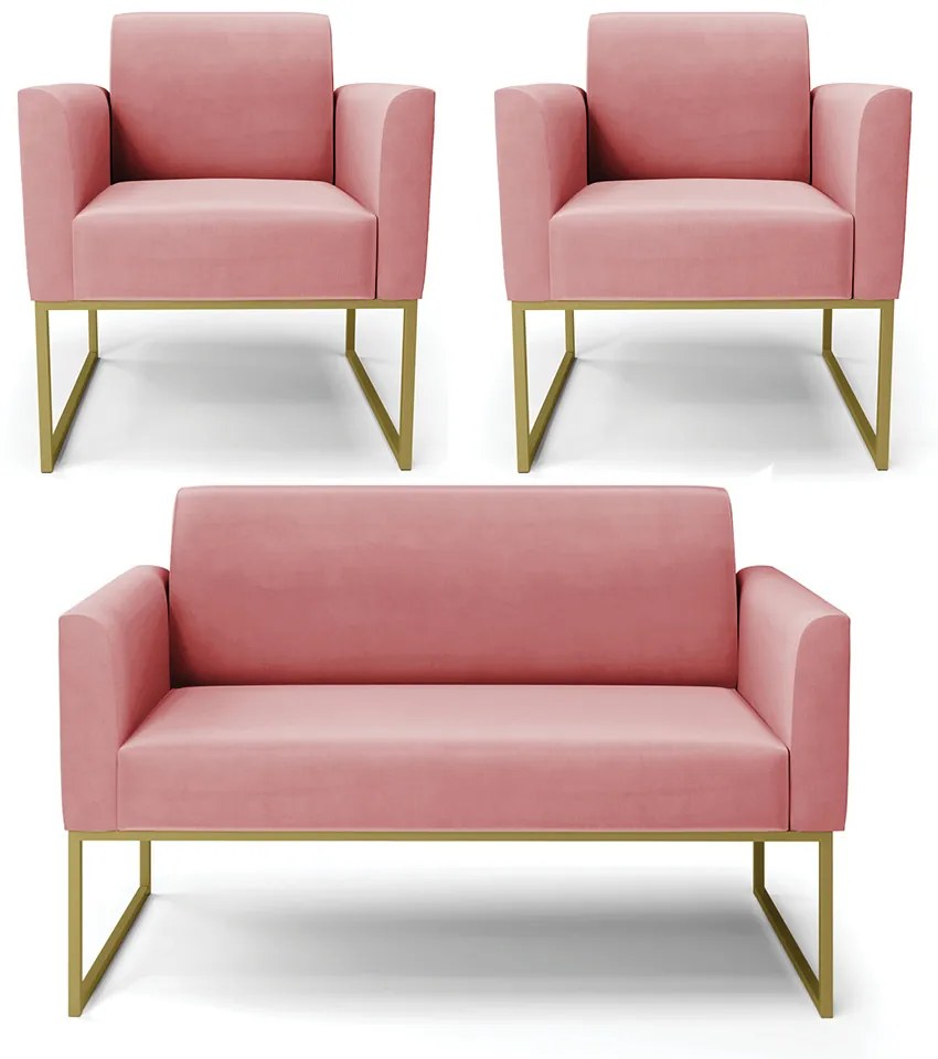 Sofá Namoradeira com 2 Poltronas Base Industrial Dourado Marisa Suede D03 - D'Rossi - Rose