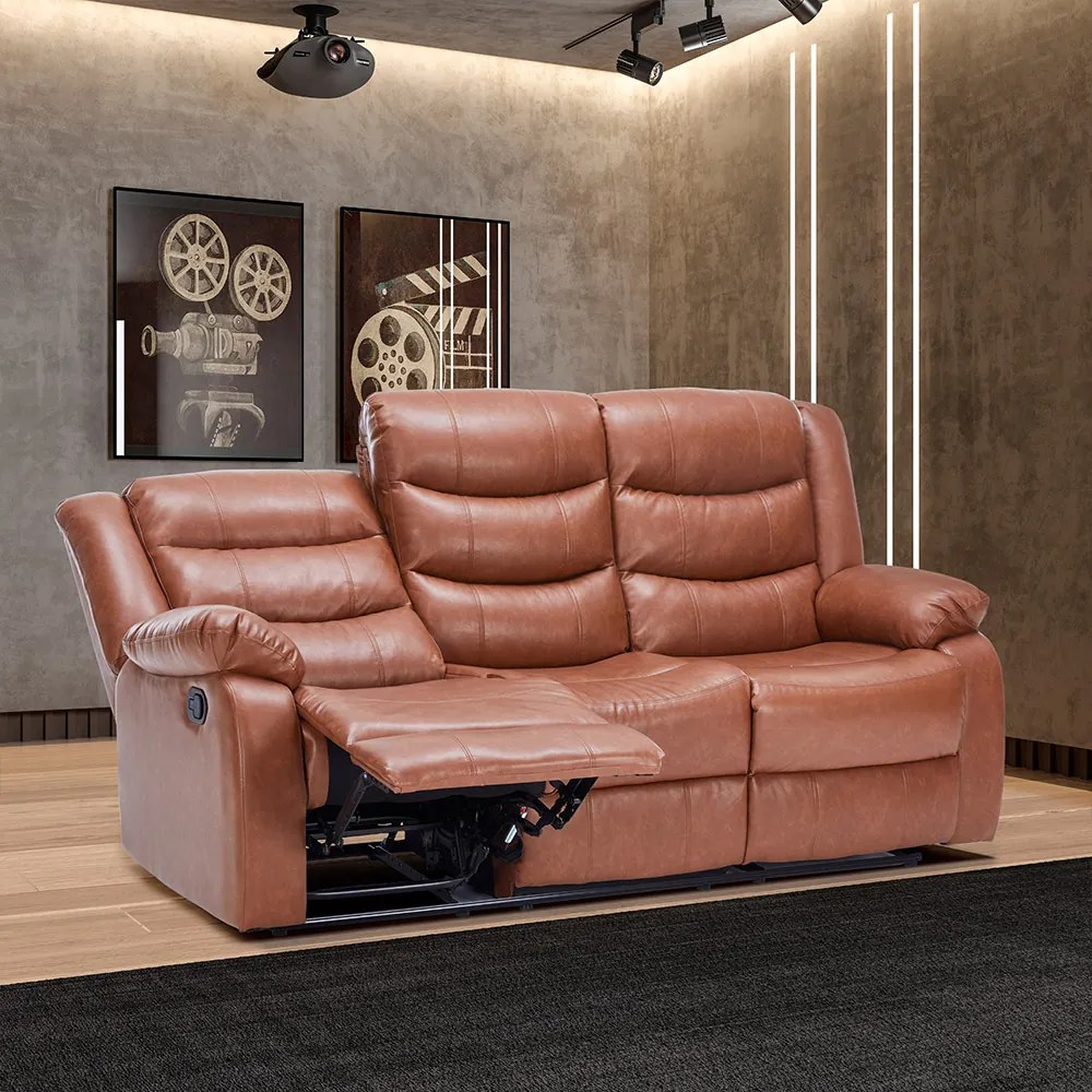 Poltrona 3 Lugares Porta Copos Reclinável Hollywood Manual Aquecimento Massagem PU Caramelo G94 - Gran Belo