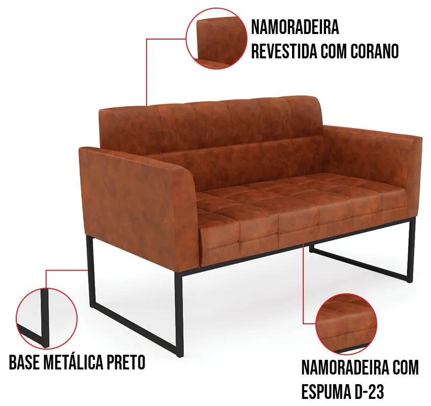Kit 1 Sofá Namoradeira e 1 Poltrona Elisa Corano Nozes Base Metálica Industrial Preto D03 - D'Rossi