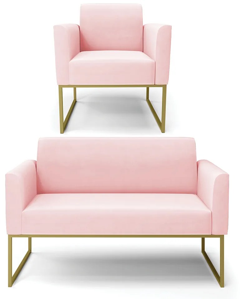 Sofá Namoradeira com Poltrona Base Industrial Dourado Marisa Suede Rosa Bebê D03 - D'Rossi