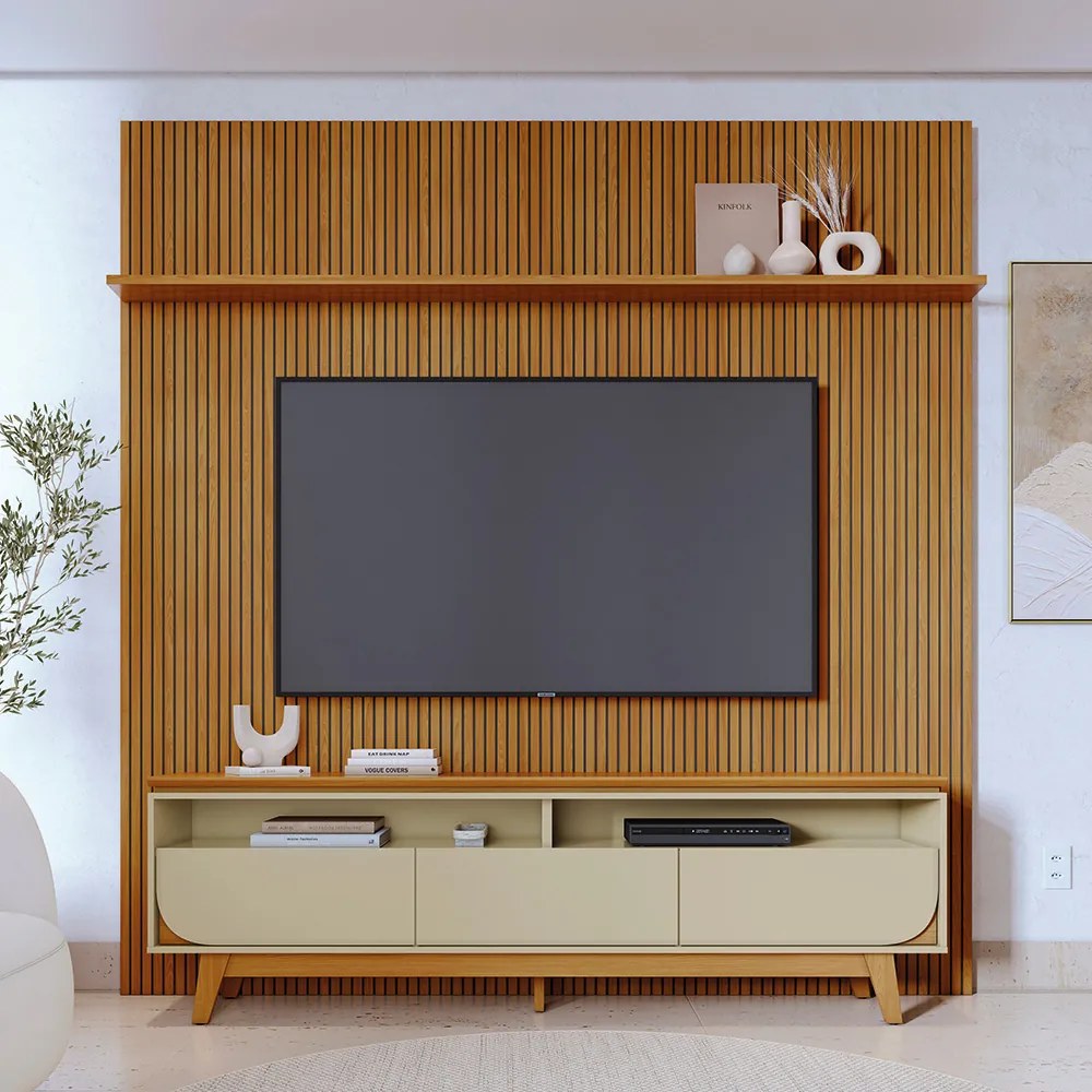 Painel TV 75 Pol 238cm Ripado Kalven e Bancada Elarin M20 - D'Rossi - Cumaru(fosco)/Opala(brilho)