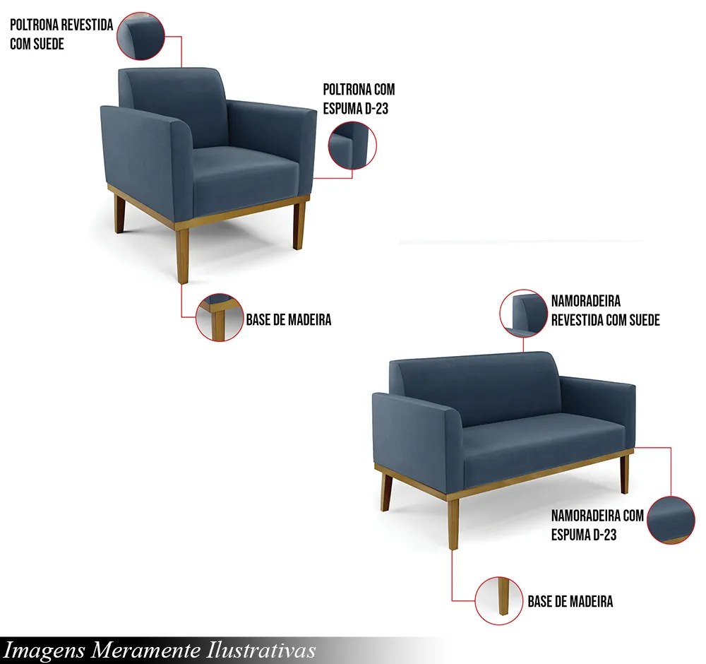 Conjunto Poltrona e Namoradeira Decorativa Isabella Pés Fixo em Madeira Castanho Suede Azul Marinho G19 - Gran Belo