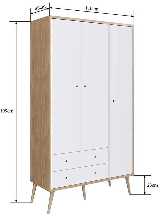 Roupeiro Infantil Retrô 2 Gavetas 3 Portas Pés Palito Branco/Itapua