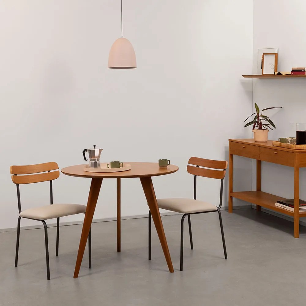 Conjunto Mesa de Jantar Square Laminada Tripé Redonda Natural - 88cm + 2 Cadeiras Ribs Sarja - Deserto