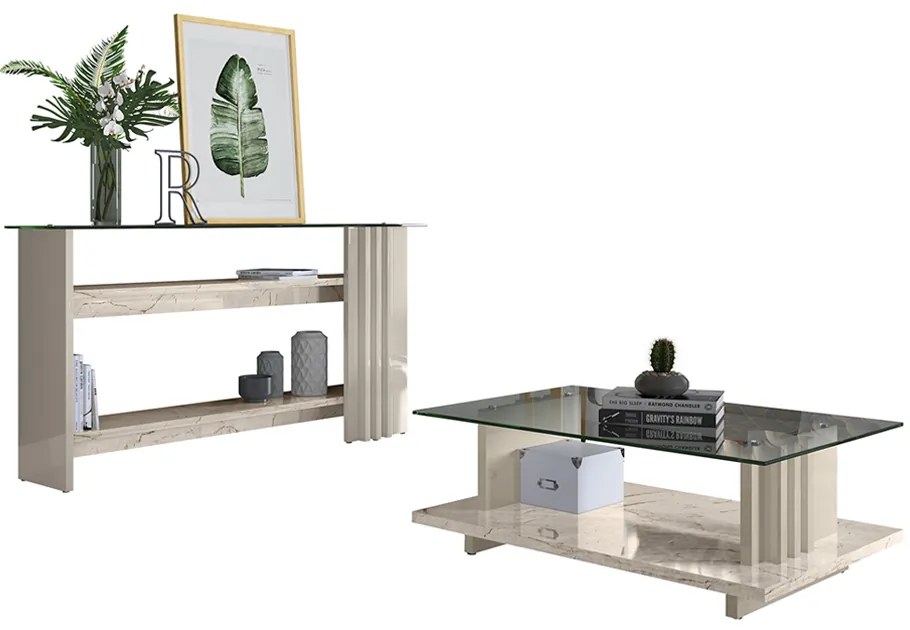 Mesa de Centro e Aparador Ripado para Sala Mirezi M20 - D'Rossi - Calacata(brilho)/Off White(brilho)