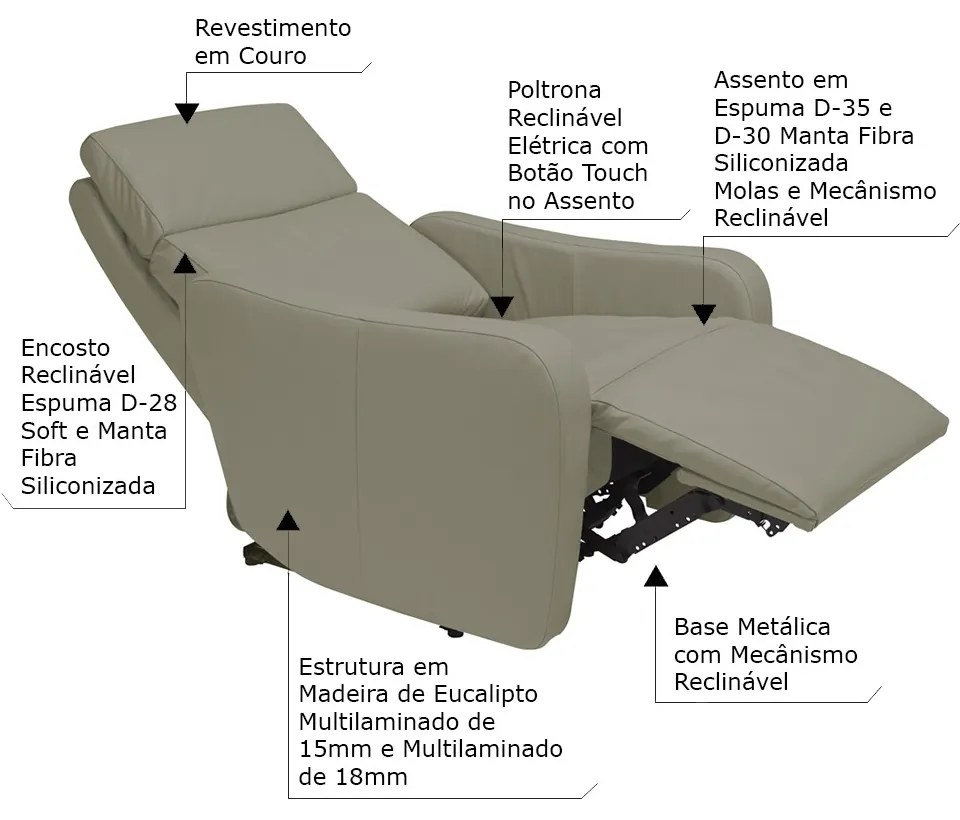 Poltrona Decorativa Reclinável Elétrica Moroni Couro Avelã G43 - Gran Belo