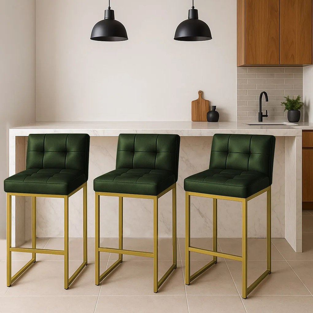 Banqueta Cozinha Alta com Encosto Industrial Kit 3 Dourado Lirina PU C05 - D'Rossi - Verde