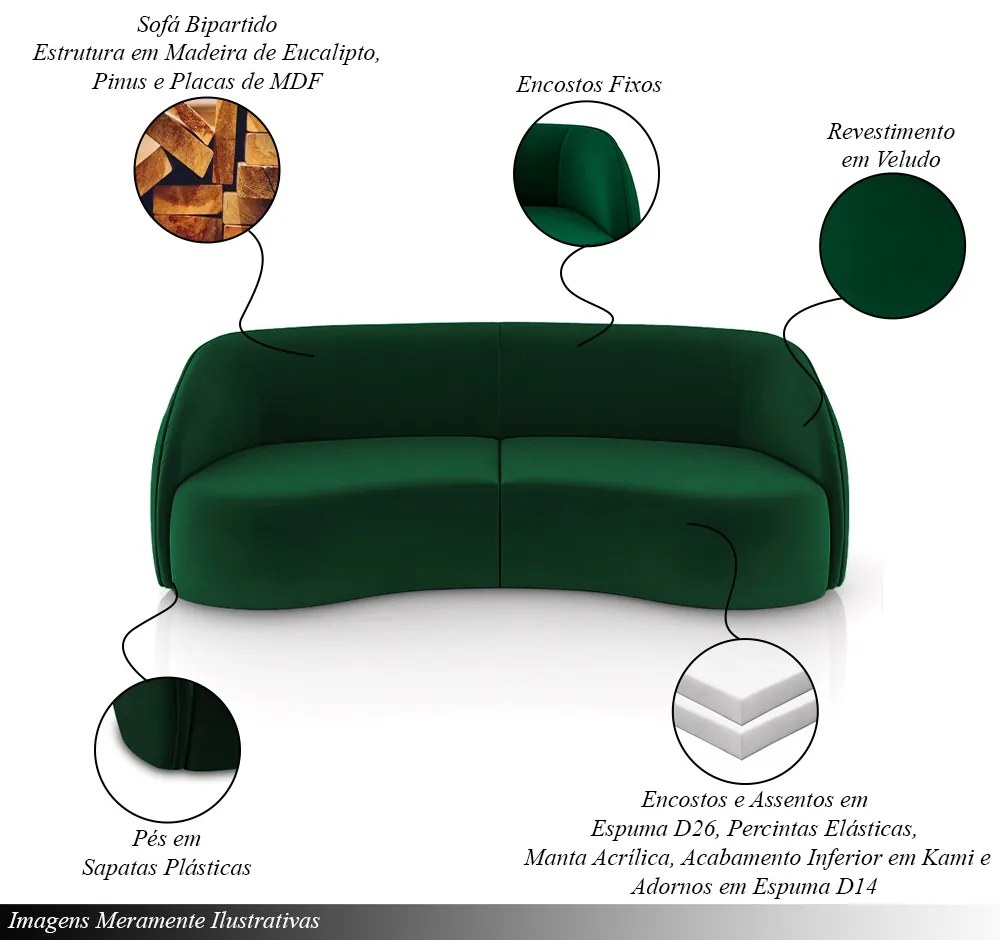 Sofá Decorativo Sala de Estar Bipartido 240cm Clarke Veludo Verde G45 - Gran Belo
