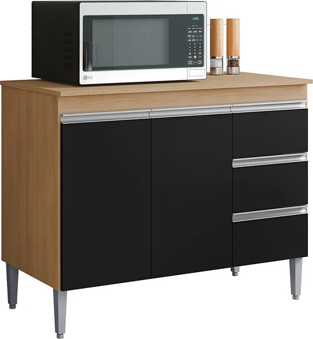 Balcão Cozinha com Tampo 100cm 3 Gavetas Leticia Amêndoa/Preto A01 - D'Rossi