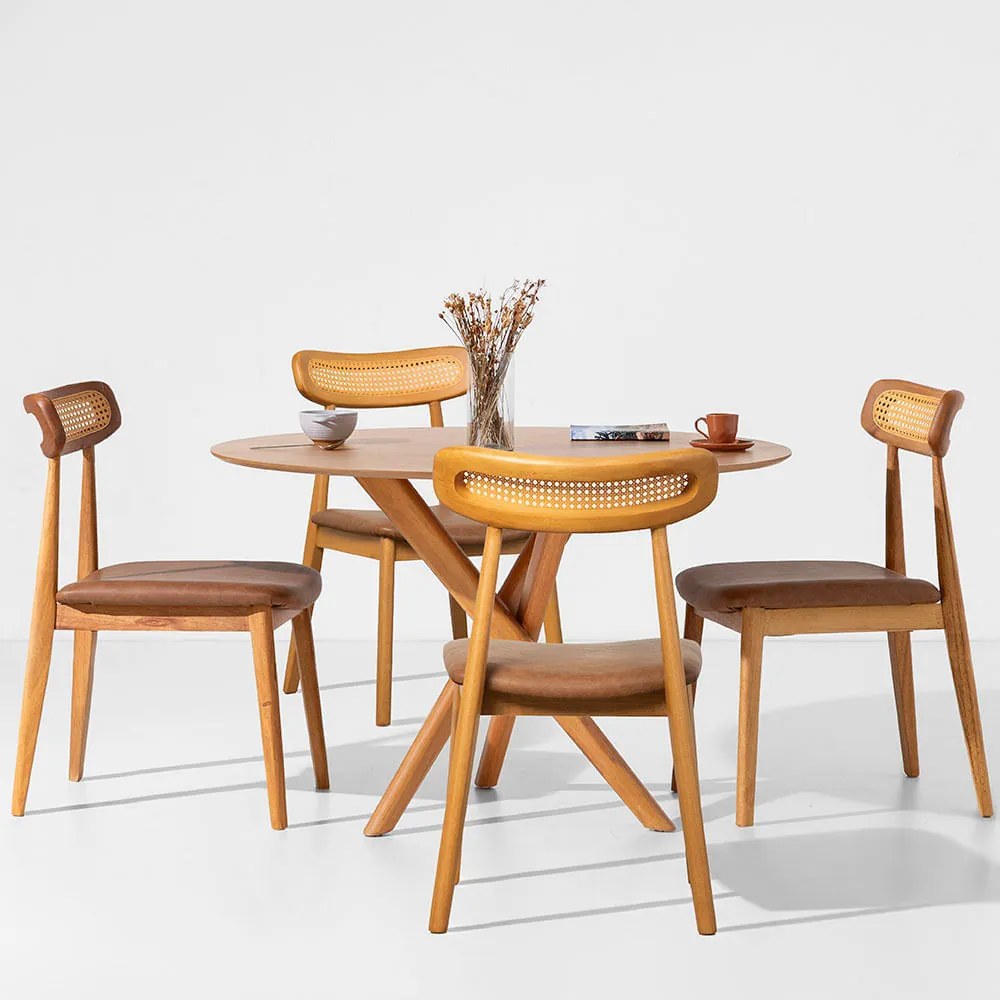 Conjunto Mesa de Jantar Thai Orgânica Carvalho Americano - 1,20m + 4 Cadeira Dalí Encosto Palha Larga Assento PU - Cognac