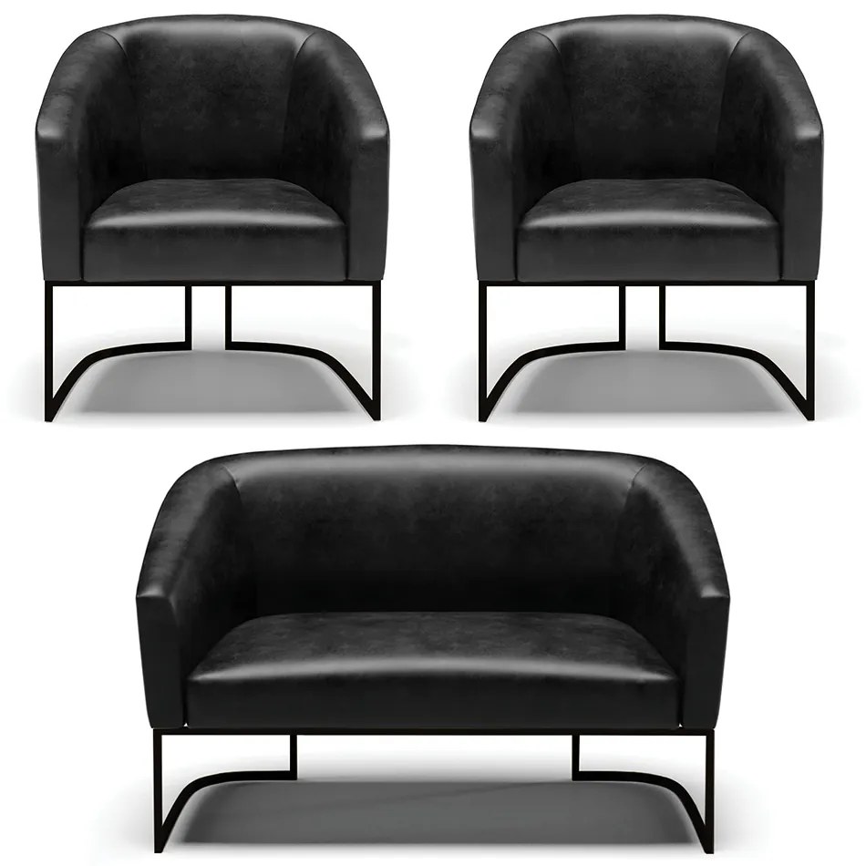 Namoradeira e 2 Poltronas Industrial  Preto Stella Sintético PU D03 - D'Rossi - Preto