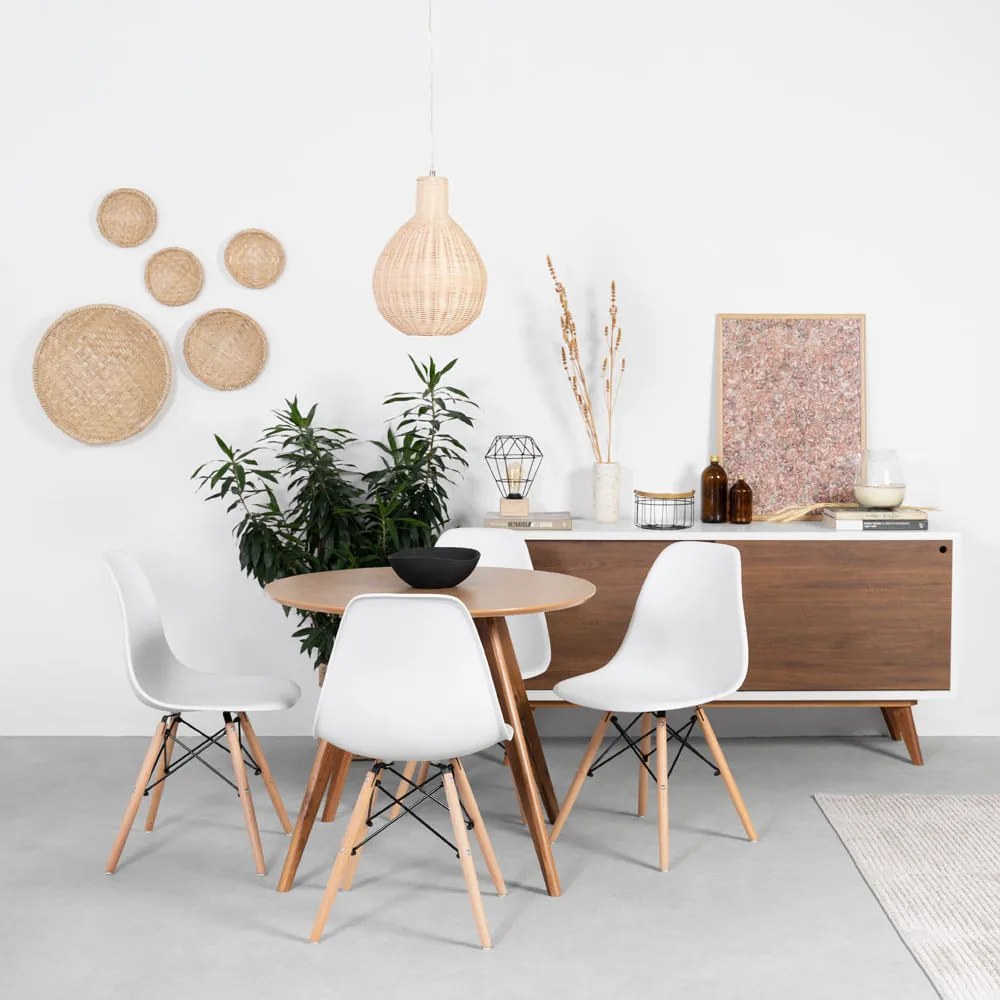 Conjunto Mesa Square Redonda Bétula 88cm + 4 Cadeiras Eiffel Branca