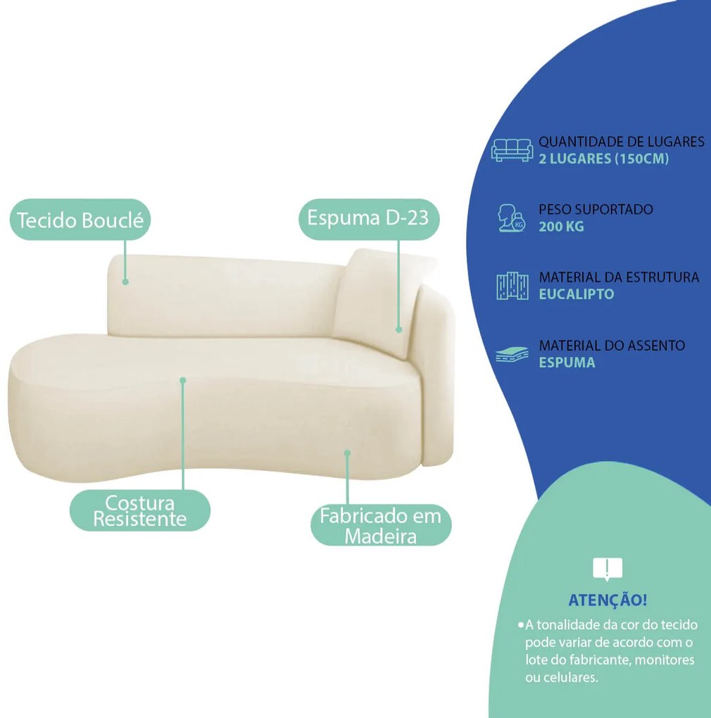 Divã Recamier Suíça Curvo Sala Recepção 150cm Lado Esquerdo Bouclé