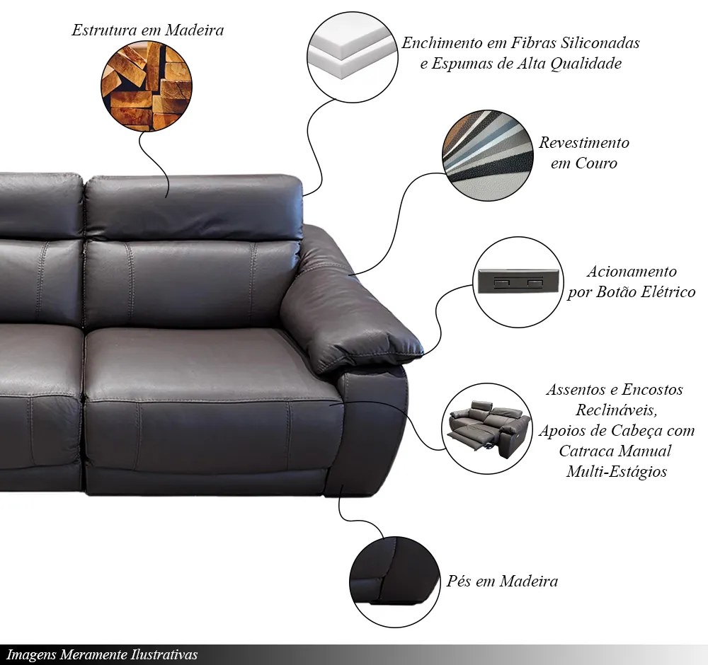 Sofá Elétrico Sala de Estar Reclinável Concepción U076 224cm Modulado Botão Elétrico Couro Marrom G49 - Idea Relax By Natuzzi Group