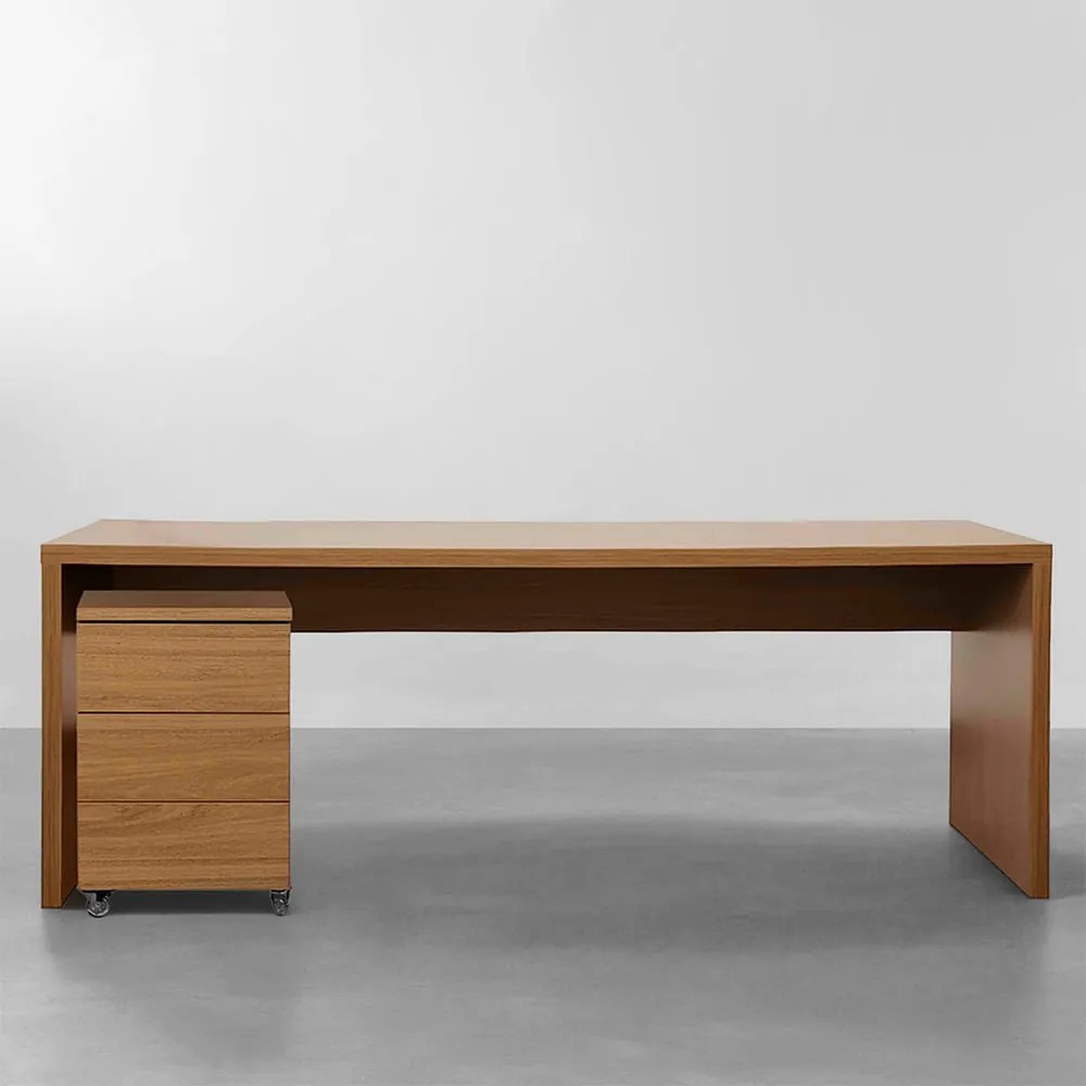 Conjunto Office - Bancada Contemporânea Louro Freijó 1,36m + Módulo Contemporâneo 3 gavetas Louro Freijó 42,5cm
